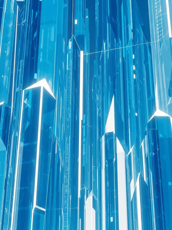 An abstract composition of sharp, geometric blue crystal formations illuminated by bright internal white light, creating a futuristic feel.の素材