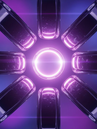 An abstract geometric shape with a central glowing ring emanates neon purple light, set against a gradient background.の素材