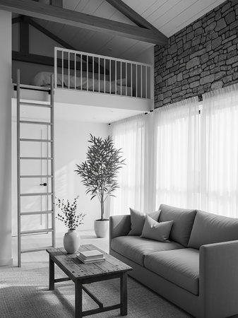 A monochrome interior features a loft bedroom accessible by a ladder, a stone accent wall, sheer curtains, and a comfortable sofa.の素材
