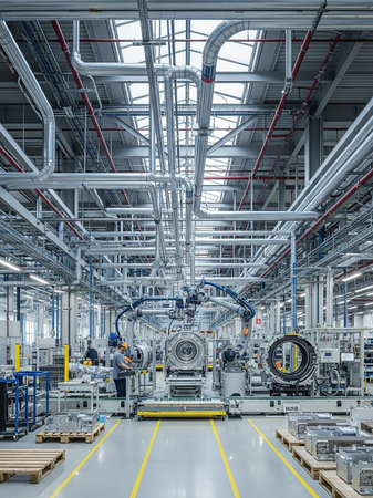 A bustling automated factory floor with robotic arms working on machinery, surrounded by extensive piping and industrial equipment under a bright, open ceiling.の素材