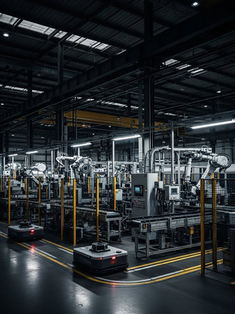 An automated industrial factory floor filled with robotic arms, conveyor belts, control panels, and AGVs moving along marked pathways.の素材
