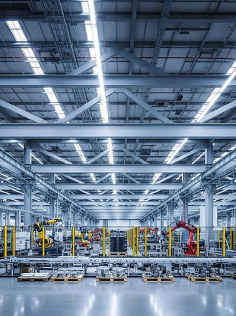 The interior of a modern factory showcasing an automated assembly line with multiple robotic arms working amidst steel structures and bright overhead lighting.の素材