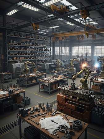 A bustling industrial workshop showcases numerous robotic arms, various machines like lathes and milling machines, and organized shelves stocked with parts, with workbenches displaying tools and...の素材