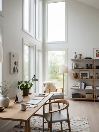 A bright and airy home office with high ceilings and large windows, featuring a wooden desk, chairs, and a well-stocked bookshelf, creating a comfortable workspace.の素材