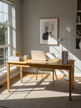 A bright and airy home office with a wooden desk featuring a laptop, books, and a coffee cup, illuminated by sunlight streaming through a large window.の素材