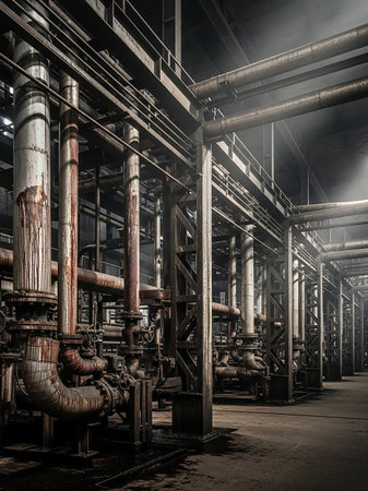 A detailed view of a network of large, rusty industrial pipes and valves within a factory setting, with light filtering in from the side.の素材