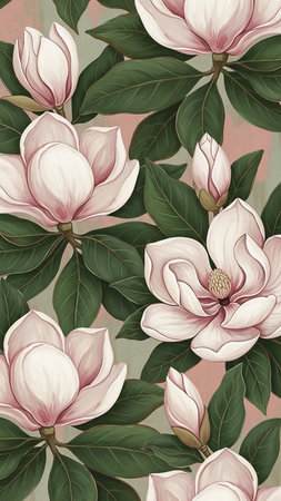 A close-up illustration of blooming pink and white magnolia flowers with lush green leaves against a textured background.の素材