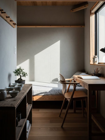 A minimalist room bathed in natural light, featuring a wooden desk, chair, bed, and shelving unit with a bonsai tree and tea set.の素材