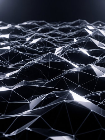 A dark, abstract low-poly landscape with sharp geometric shapes defined by glowing white wireframe edges and connecting dots, creating a sense of digital connection.の素材