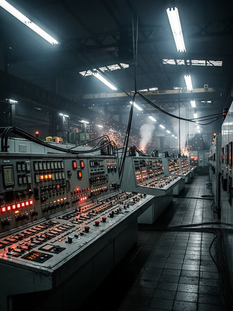 A dimly lit factory control room filled with rows of vintage electronic consoles featuring numerous switches, buttons, and glowing red lights.の素材