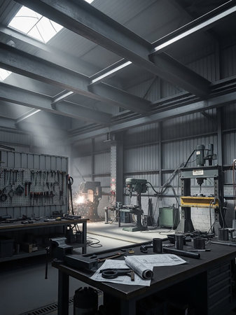 A dimly lit industrial workshop filled with tools, machinery, and visible sparks from a welding operation.の素材