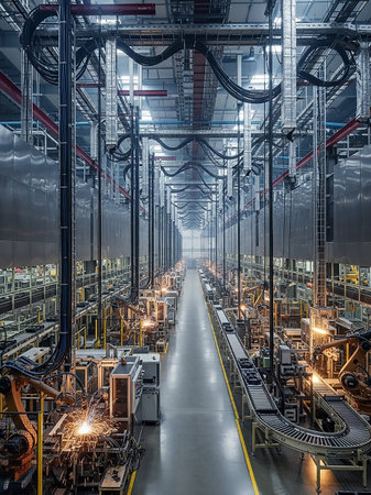 A vast, brightly lit industrial factory interior with a long assembly line, robotic arms, and conveyor belts stretching into the distance.の素材