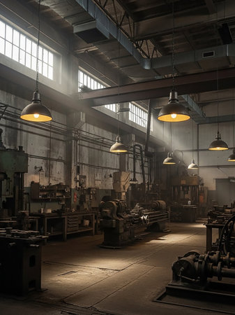 A dimly lit industrial workshop interior filled with vintage machinery, illuminated by natural light streaming through large windows and hanging lamps.の素材