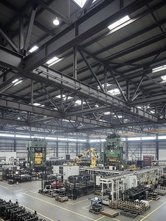 A wide view of a large factory interior featuring heavy machinery, robotic arms, and assembly lines under bright overhead lighting and a steel structure.の素材