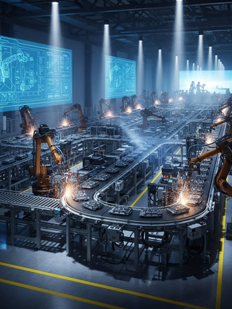 A futuristic automated factory assembly line with numerous robotic arms working on conveyor belts, emitting sparks, with digital blueprints displayed on screens.の素材