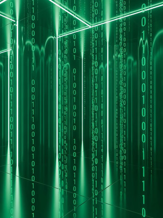 A dark, futuristic tunnel filled with vertical streams of green binary code and illuminated by bright vertical light beams.の素材
