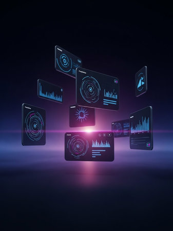 Floating digital screens display various data visualizations including circular graphs and bar charts against a dark, glowing background with purple and blue light effects.の素材