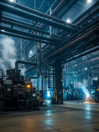 Interior of a dimly lit industrial factory with complex pipe systems, large machinery, and bright sparks from welding operations illuminating the space.の素材