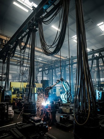 A robotic arm performs welding, emitting bright sparks in a dark, industrial factory setting with numerous cables and machinery visible.の素材