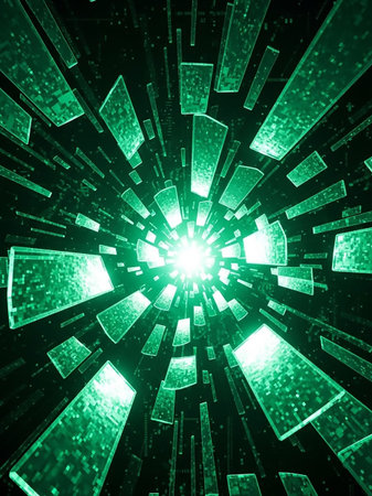 A futuristic green geometric tunnel with light bursting from the center, composed of digital fragments and glowing shards.の素材