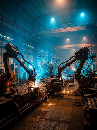 Robotic arms in a dark factory emit bright sparks as they perform welding operations, illuminated by dramatic blue industrial lighting.の素材