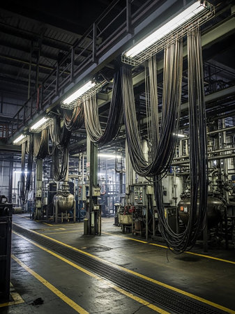 The interior of an industrial facility featuring numerous hanging cables, complex machinery, and distinct yellow safety lines marking the floor.の素材