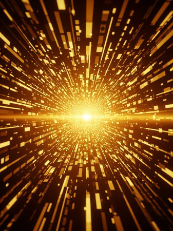An abstract, golden tunnel of light streaks with geometric shapes and particles, creating a sense of rapid motion.の素材