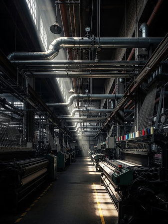 Dark showing industrial factory interior with looms and natural light beams keywords: industrial, factory, interior, manufacturing, machinery, looms, textile, production, pipes, tubes, metal,...の素材