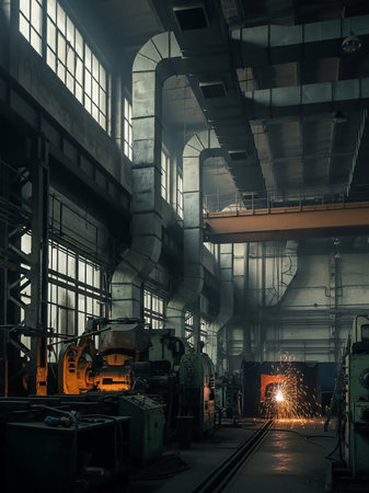 The interior of a large industrial factory with massive machinery, overhead ducts, and bright welding sparks illuminating the dimly lit space.の素材