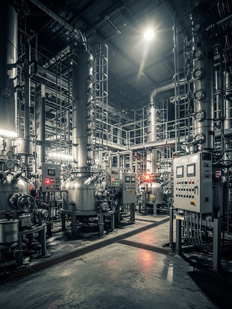 An interior view of an industrial facility with large stainless steel tanks, intricate piping, and control panels illuminated by artificial light.の素材