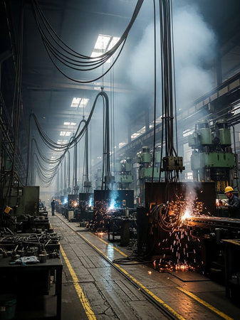 A dimly lit industrial factory interior with multiple welding stations producing bright sparks and smoke, with workers operating machinery and cables overhead.の素材