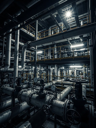 An intricate industrial interior filled with a dense network of large metal pipes, valves, and pressure gauges, illuminated by overhead lights.の素材