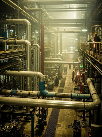 A vast industrial factory interior filled with intricate networks of metal pipes, machinery, and elevated walkways where workers in hard hats are visible.の素材