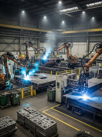 An industrial manufacturing floor scene with multiple robotic arms actively performing welding operations, creating bright sparks and illuminating the workspace.の素材
