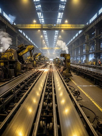 The interior of a busy steel mill with long conveyor belts, heavy machinery, sparks flying from metal, and steam rising under bright overhead lights.の素材