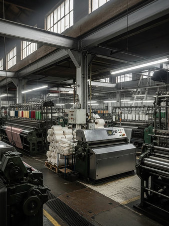 The interior of an industrial textile factory showcasing rows of large spinning machines, spools of colorful thread, and various industrial equipment.の素材
