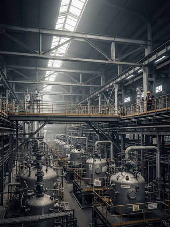 Interior view of a large industrial chemical plant with rows of large metal tanks and piping systems under a skylight, showcasing manufacturing processes.の素材