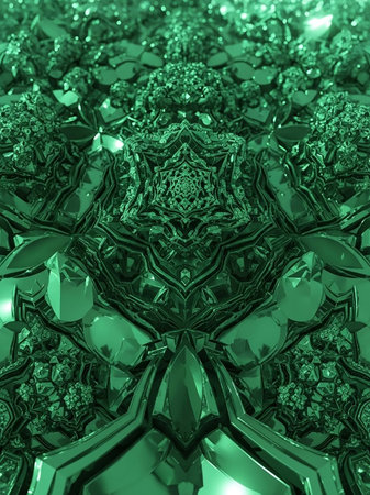 A highly detailed, symmetrical fractal pattern in emerald green with crystal-like facets and organic textures, creating a complex and ornate abstract design.の素材