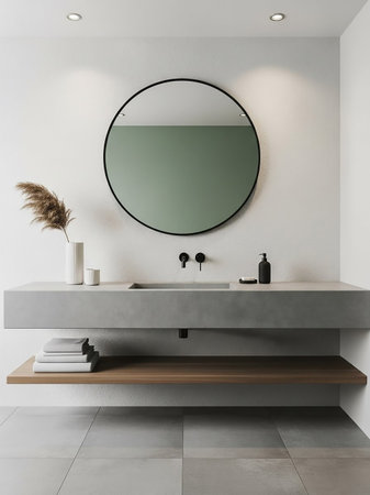 A minimalist bathroom featuring a floating concrete vanity with an integrated sink, a round black-framed mirror, and a wooden shelf below.の素材
