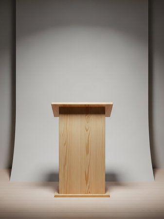 A simple wooden podium stands centered against a light gray backdrop with a spotlight illuminating the top.の素材