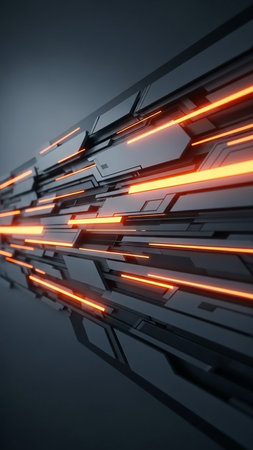 An abstract, dark geometric structure composed of sharp, angular shapes with glowing orange lines running through it, creating a sense of speed and technology.の素材