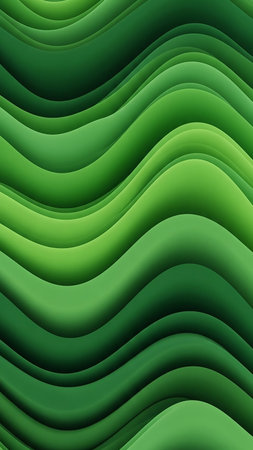 An abstract background featuring smooth, flowing green waves with subtle gradients from light to dark green, creating a sense of organic movement.の素材