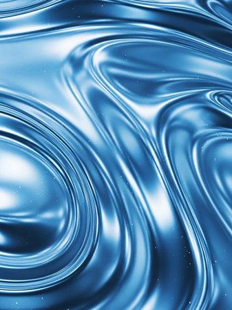 An abstract background featuring swirling patterns of metallic blue liquid with a glossy finish and subtle shimmering sparkles.の素材