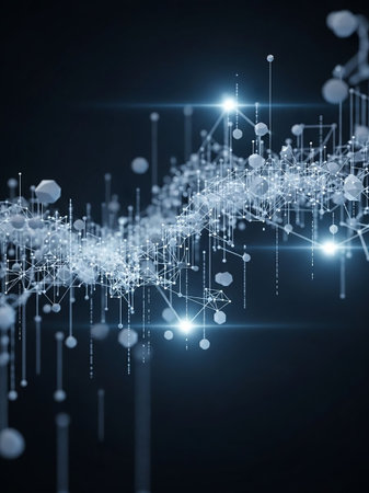 An abstract visualization of a complex network of glowing white nodes and connecting lines against a dark, deep background.の素材