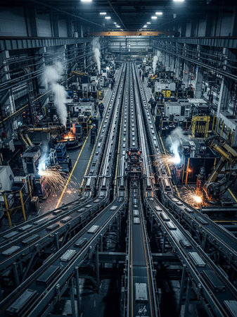 A wide-angle view of a bustling factory floor with multiple conveyor belts, robotic arms welding, and smoke rising from machinery.の素材