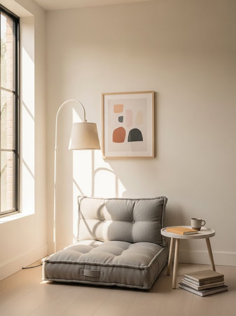 A minimalist living room corner features a tufted grey floor cushion, a small side table with a cup and book, and an arc floor lamp casting warm light.の素材