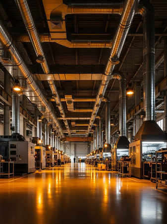 A vast industrial factory interior showcases rows of modern machinery under a network of metal pipes and ducts, with a bright orange glow reflecting on the polished floor.の素材