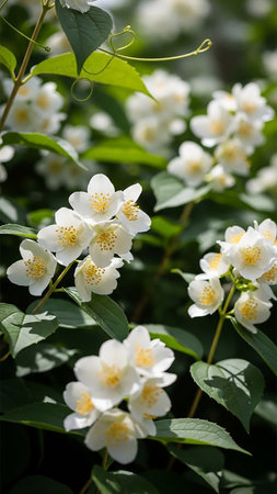 Close-up of delicate white jasmine flowers with yellow centers blooming on a green leafy bush, bathed in soft sunlight.の素材