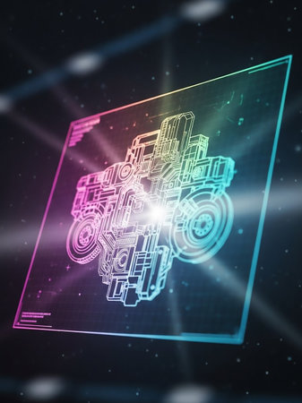 A glowing holographic blueprint of a complex mechanical device rendered in neon lines of various colors against a dark, starry background.の素材