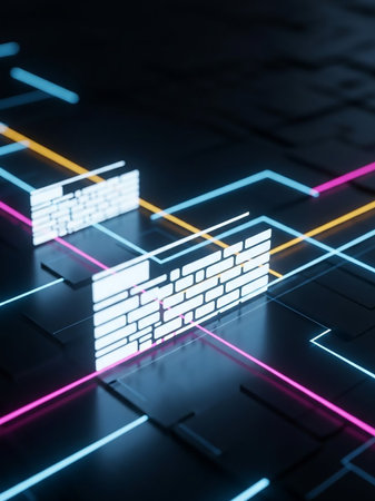 A futuristic digital network visualization with glowing blue, pink, and yellow neon lines crisscrossing a dark grid, featuring abstract brick wall icons representing firewalls.の素材